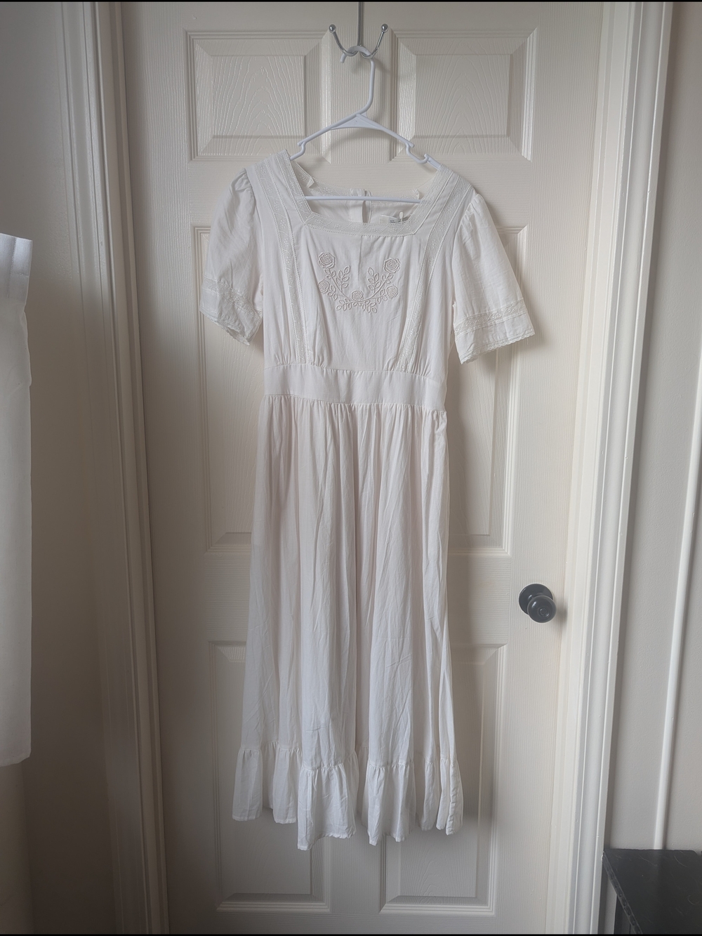 White Linen-Style Embroidered Midi Dress